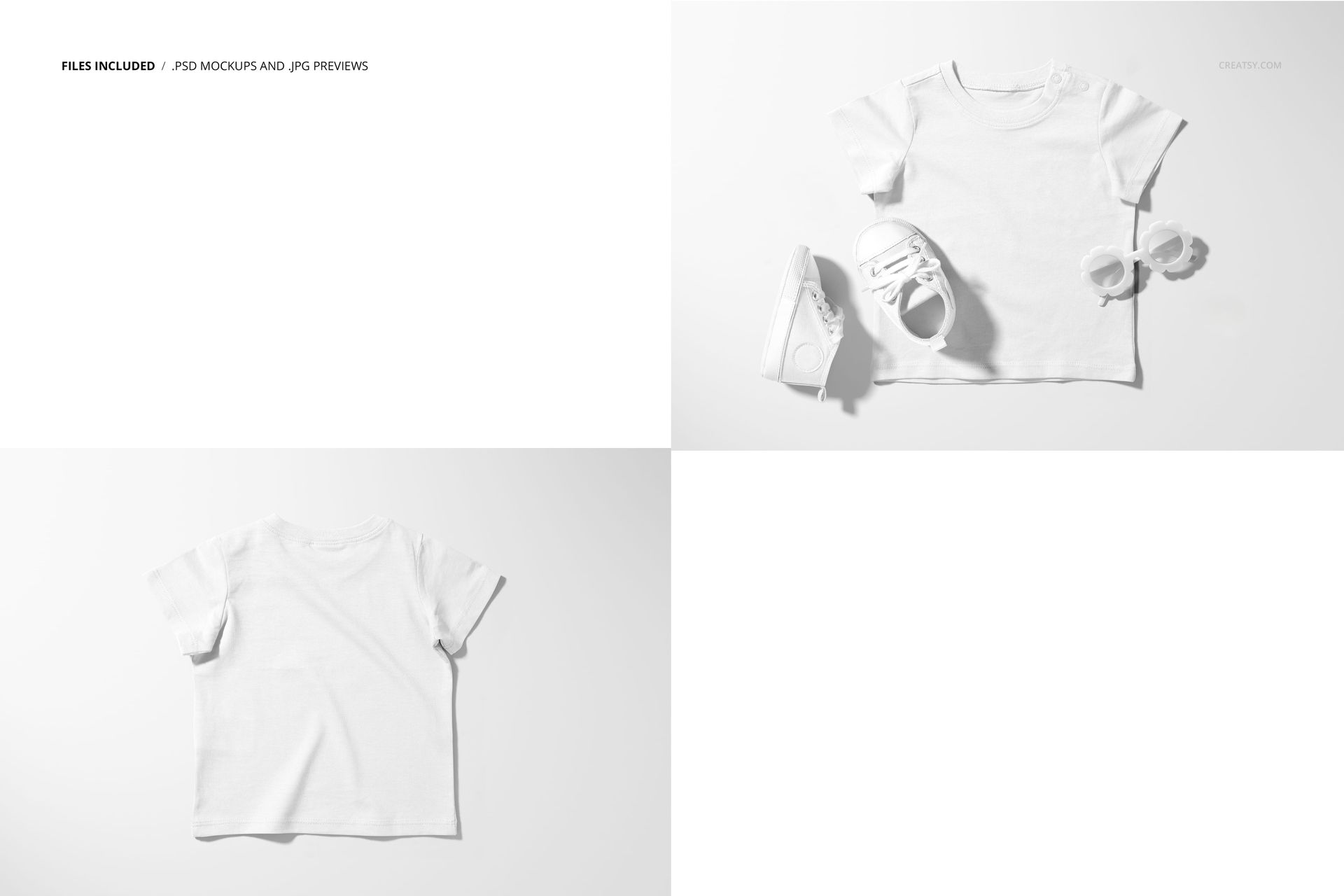 Infant T-shirt mockup set showing a plain white short-sleeve shirt from front and back views on a light background.