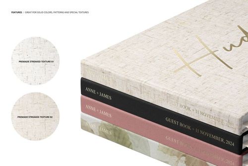Landscape wedding guest book PSD mockup featuring stacked books with streaked textures and elegant typography.