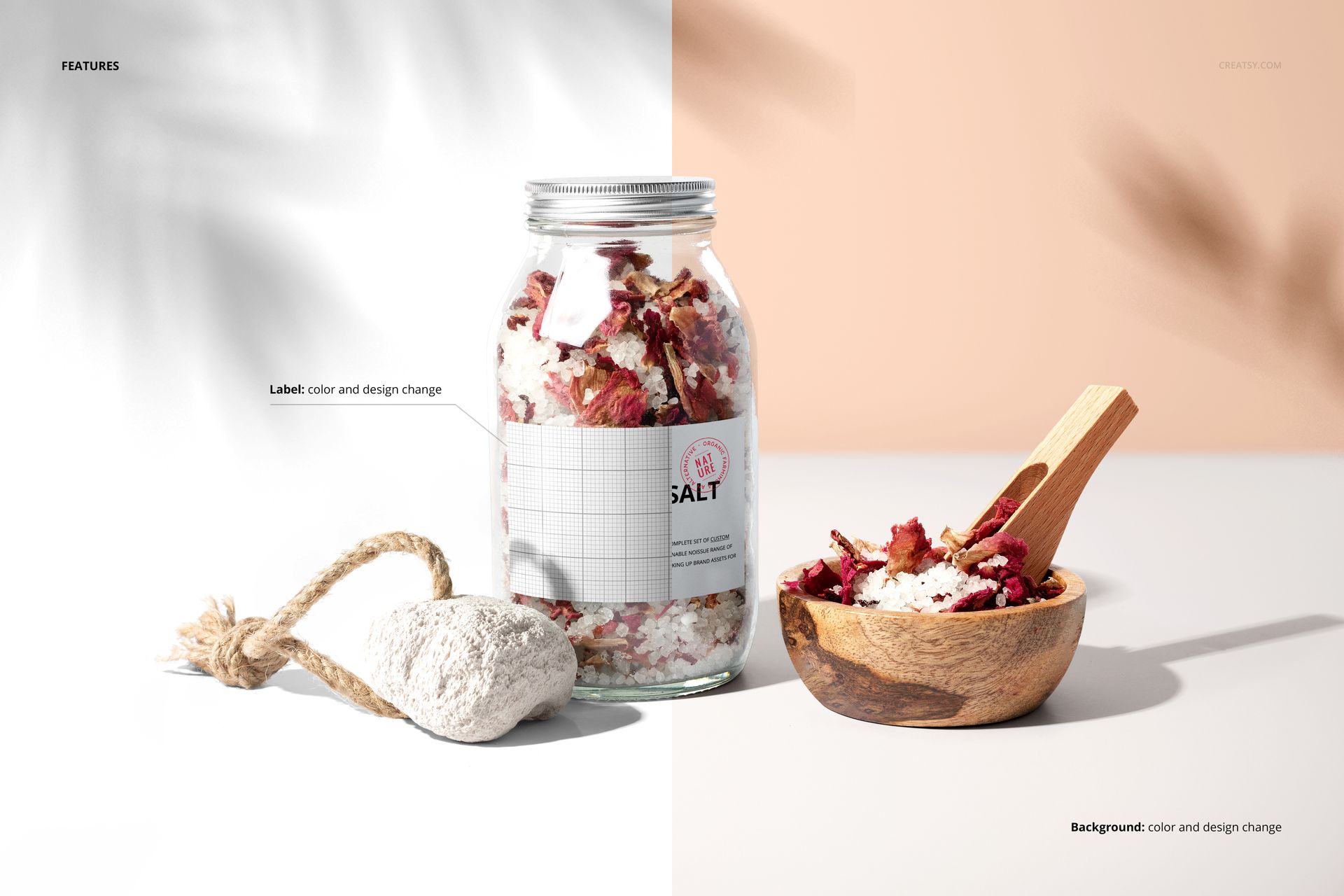 Bath salts jar mockup with editable label, shown with a natural sponge and wooden bowl on a split white and beige background.