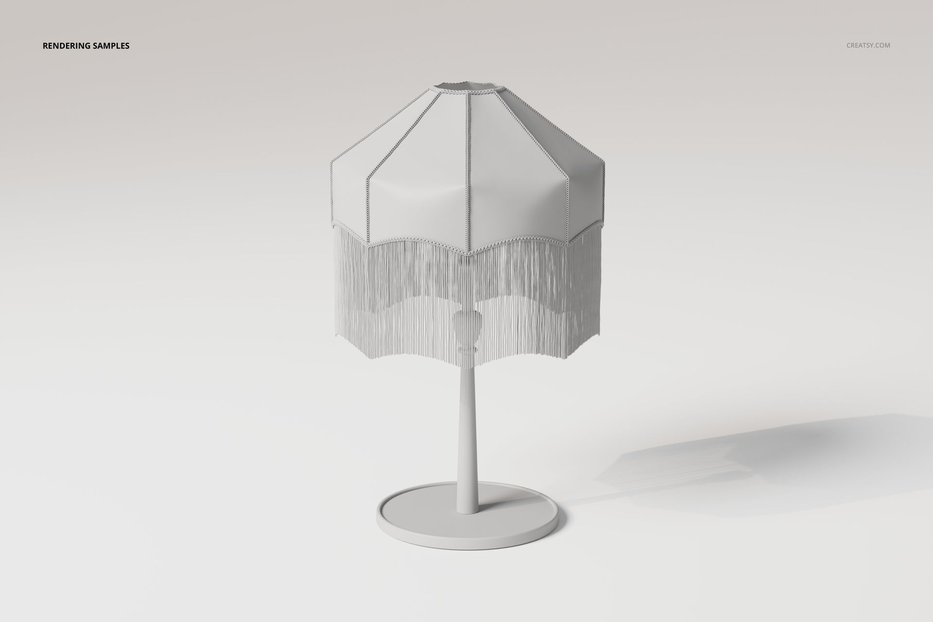 Front view of a tassel shade lamp with geometric panels and fringe detail, displayed on a round base in a neutral setting.