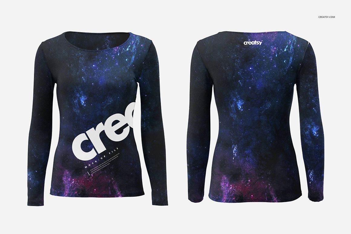 Long sleeve women's shirt mockup with a galaxy-inspired pattern shown in both front and back views on a white background.