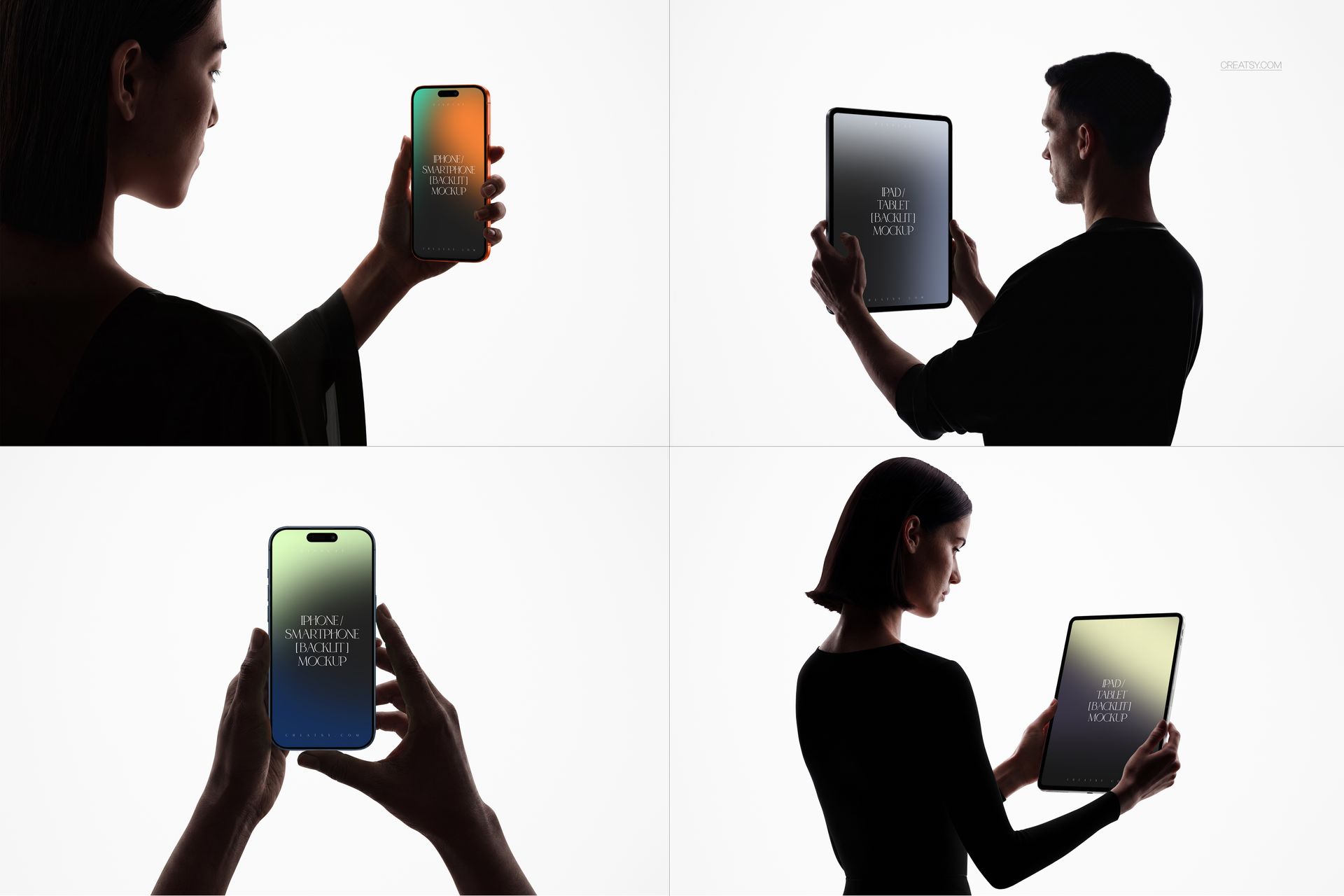 Backlit scene showing hands holding an iPhone, iPad Pro, and laptop with blank screens for device mockup use.