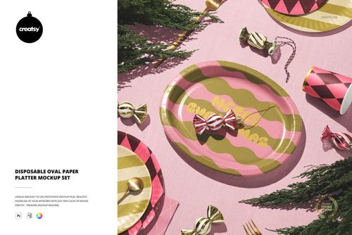 PSD mockup of a celebration setup with an oval paper platter, striped cups, napkins, gold cutlery, and greenery on a pink background.