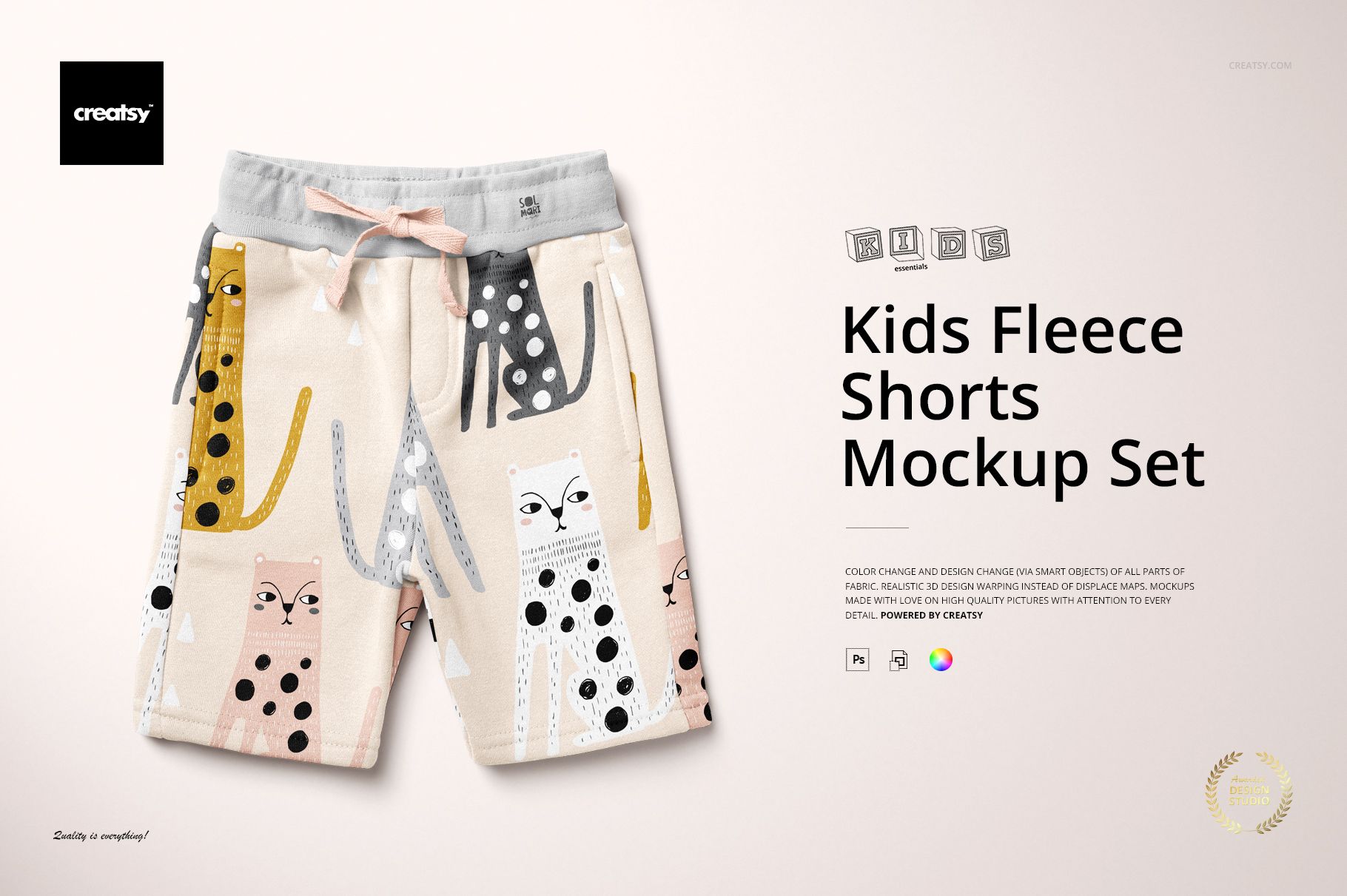 Kids fleece shorts with a playful animal print, shown in a front view mockup on a light background.