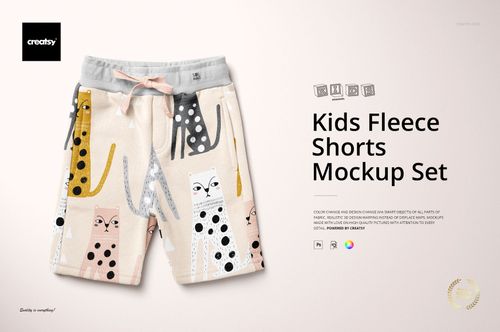 Kids fleece shorts with a playful animal print, shown in a front view mockup on a light background.