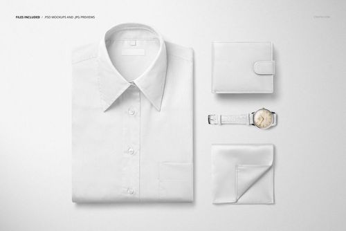 White men’s dress shirt mockup shown from above, accompanied by a leather wallet, watch, and pocket square.
