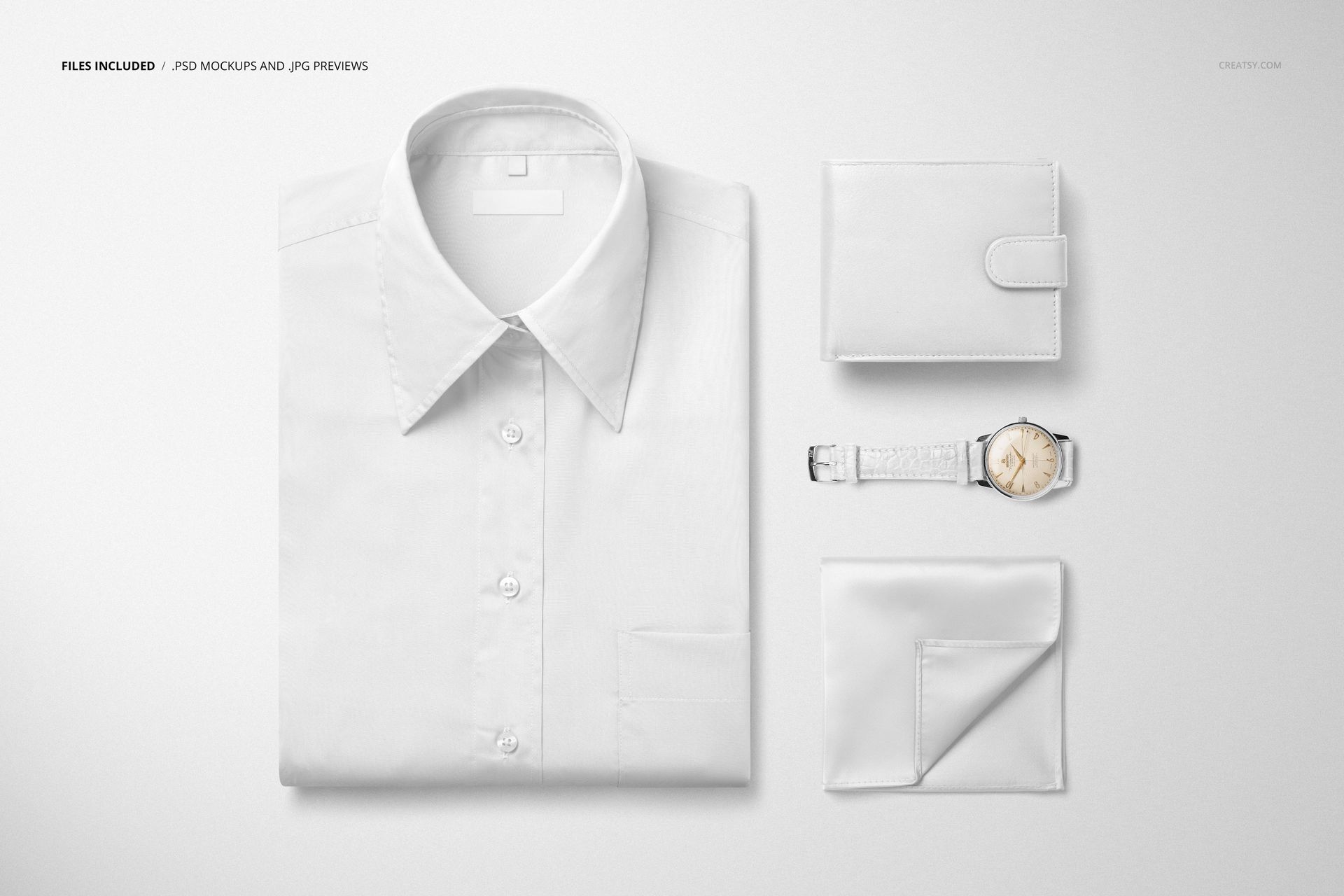 White men’s dress shirt mockup shown from above, accompanied by a leather wallet, watch, and pocket square.