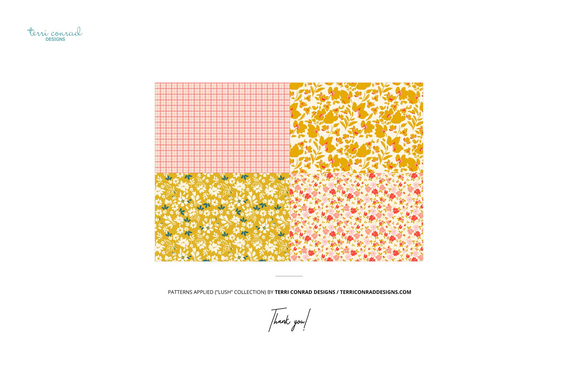 Stationery set mockup featuring four rectangular sheets with floral and grid patterns in yellow, pink, and white tones.