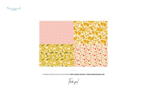 Stationery set mockup featuring four rectangular sheets with floral and grid patterns in yellow, pink, and white tones.