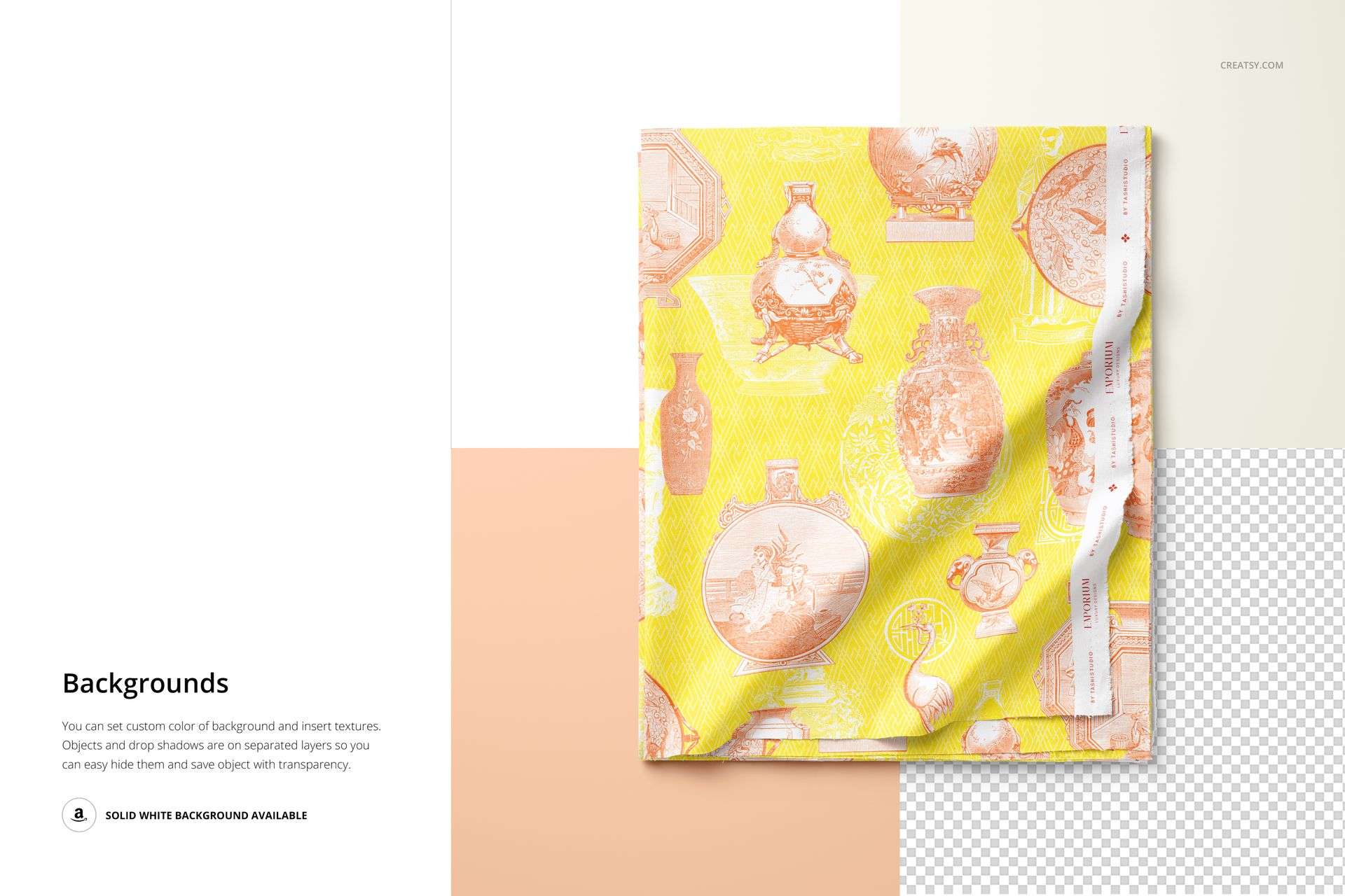 Top view of a folded cotton fabric mockup featuring a yellow base with peach vase illustrations and subtle shadows.