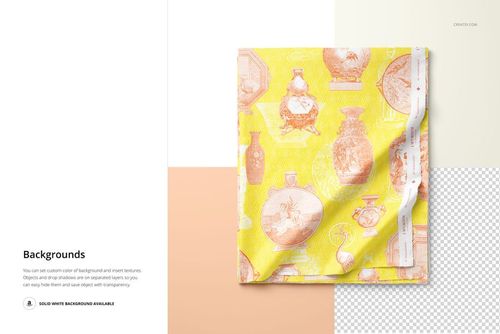 Top view of a folded cotton fabric mockup featuring a yellow base with peach vase illustrations and subtle shadows.