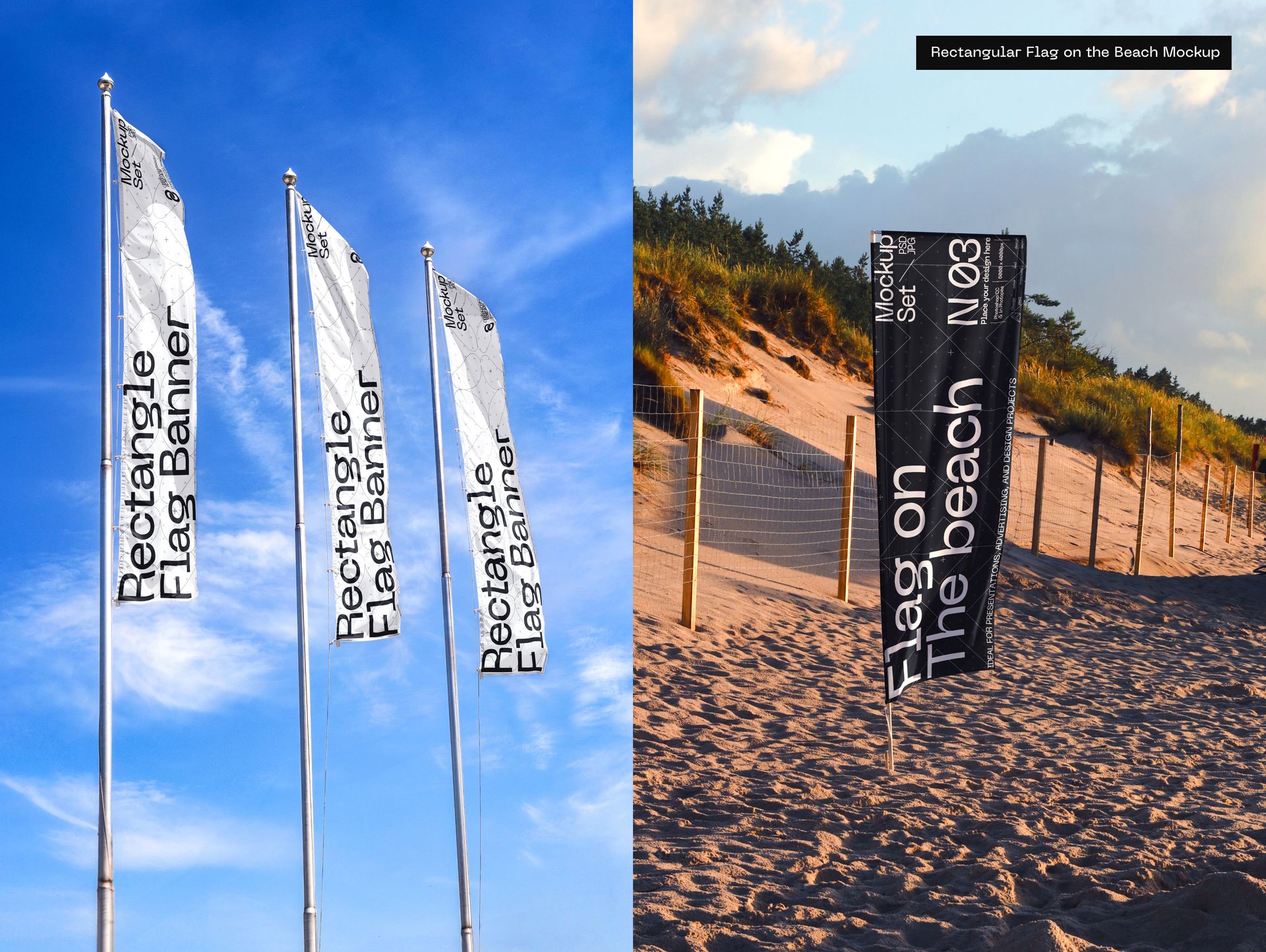 Outdoor PSD mockup showing multiple rectangular flag banners with bold text, positioned on sand with natural scenery.