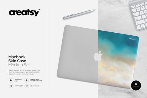 MacBook skin case mockup displayed from above, showing partial gradient cover beside a silver pen and white keyboard.