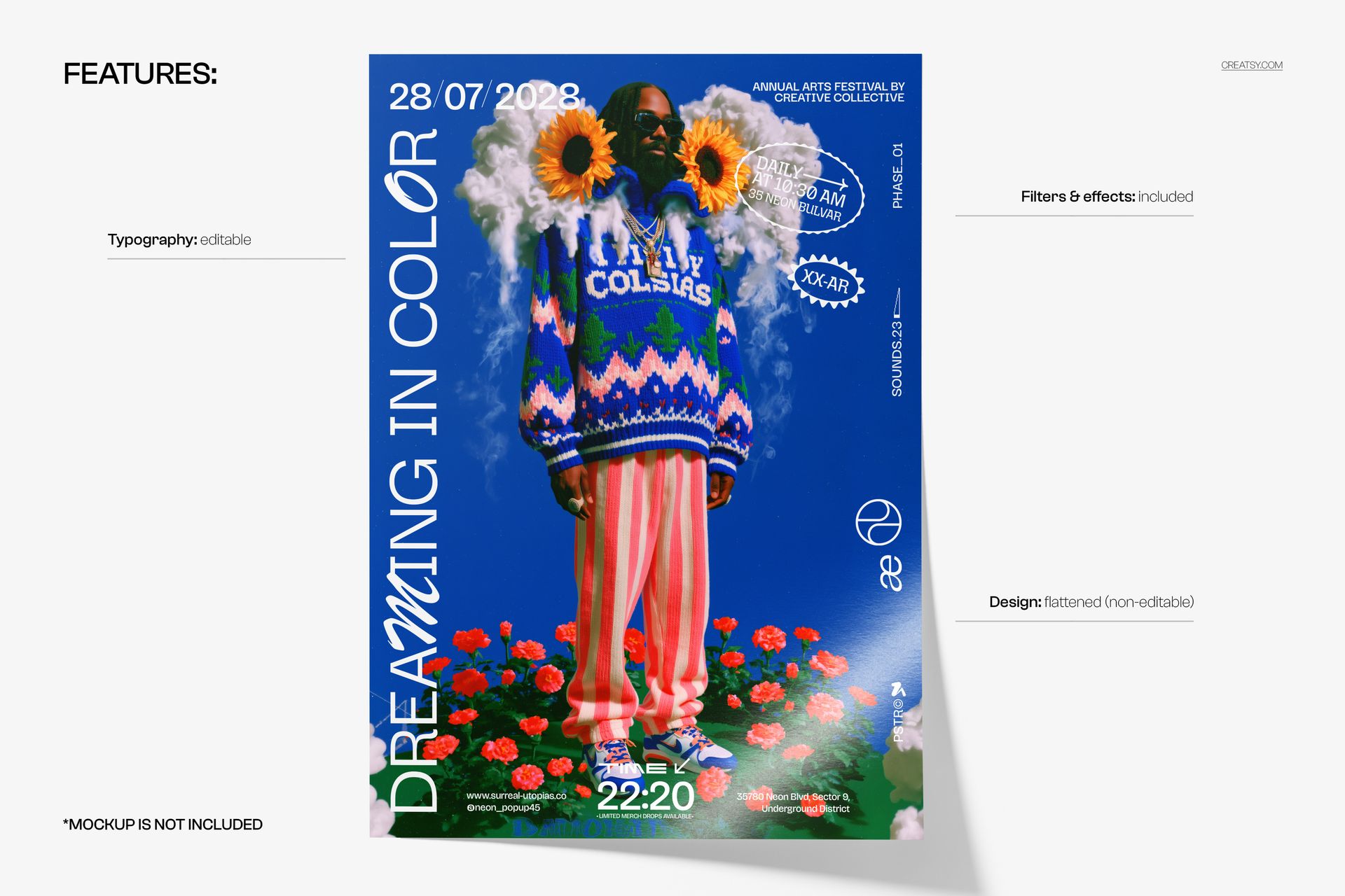 Poster mockup featuring a person standing among red flowers, wearing colorful clothing, with sunflowers and clouds on a vivid blue background.