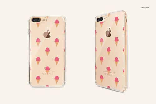 PSD mockup of a clear iPhone 7 Plus case featuring a repeating ice cream cone design, displayed in dual perspectives.