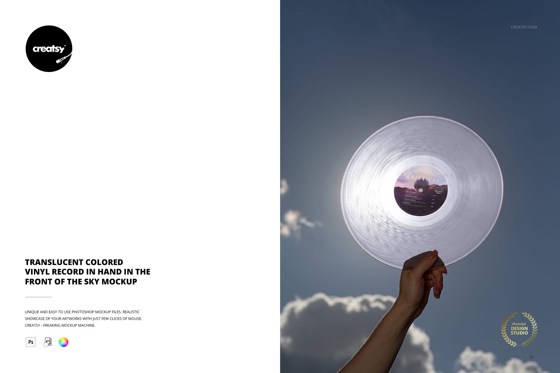 Translucent vinyl record mockup held aloft outdoors, sunlight passing through the disc against a blue and cloudy sky.