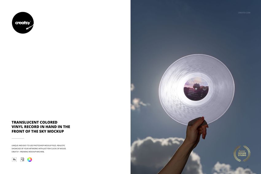 Translucent Colored Vinyl Record in Hand in the Front of the Sky Mockup - mockup screenshot 1