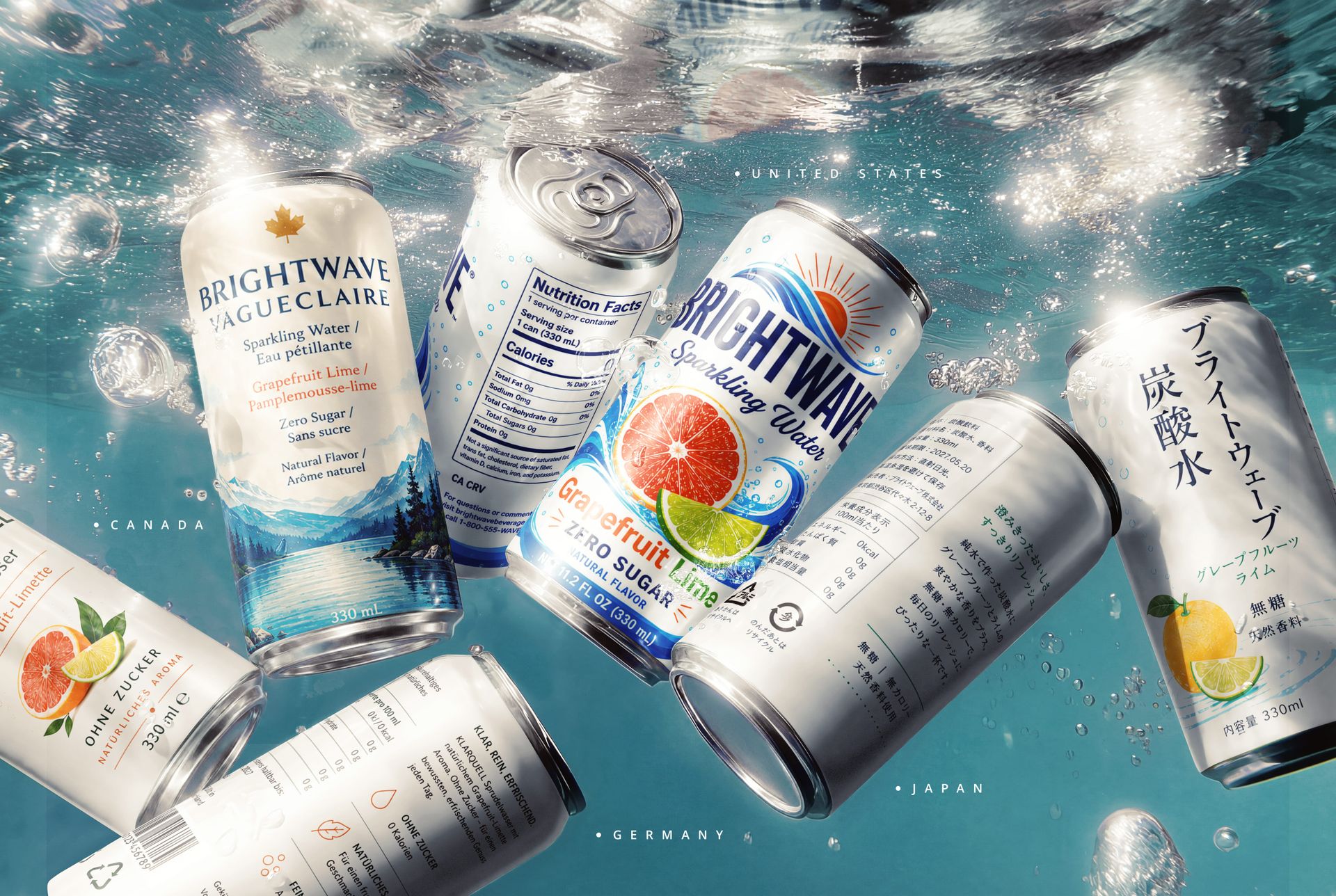 330 ml beverage can mockup comparing Canadian, German, US, and Japanese label versions with nutrition, barcode, and deposit cues
