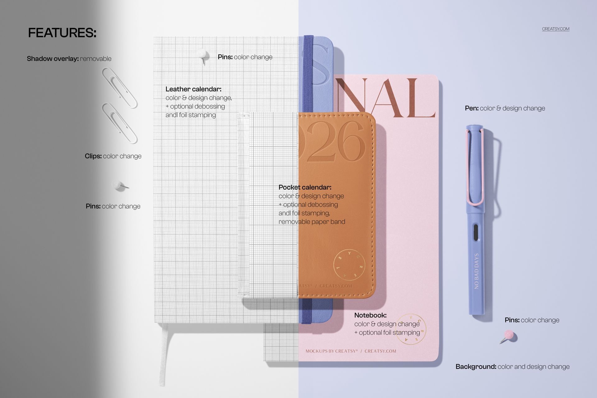 Top view of a stationery set mockup with a leather calendar, pocket calendar, notebook, and pens on a split background.