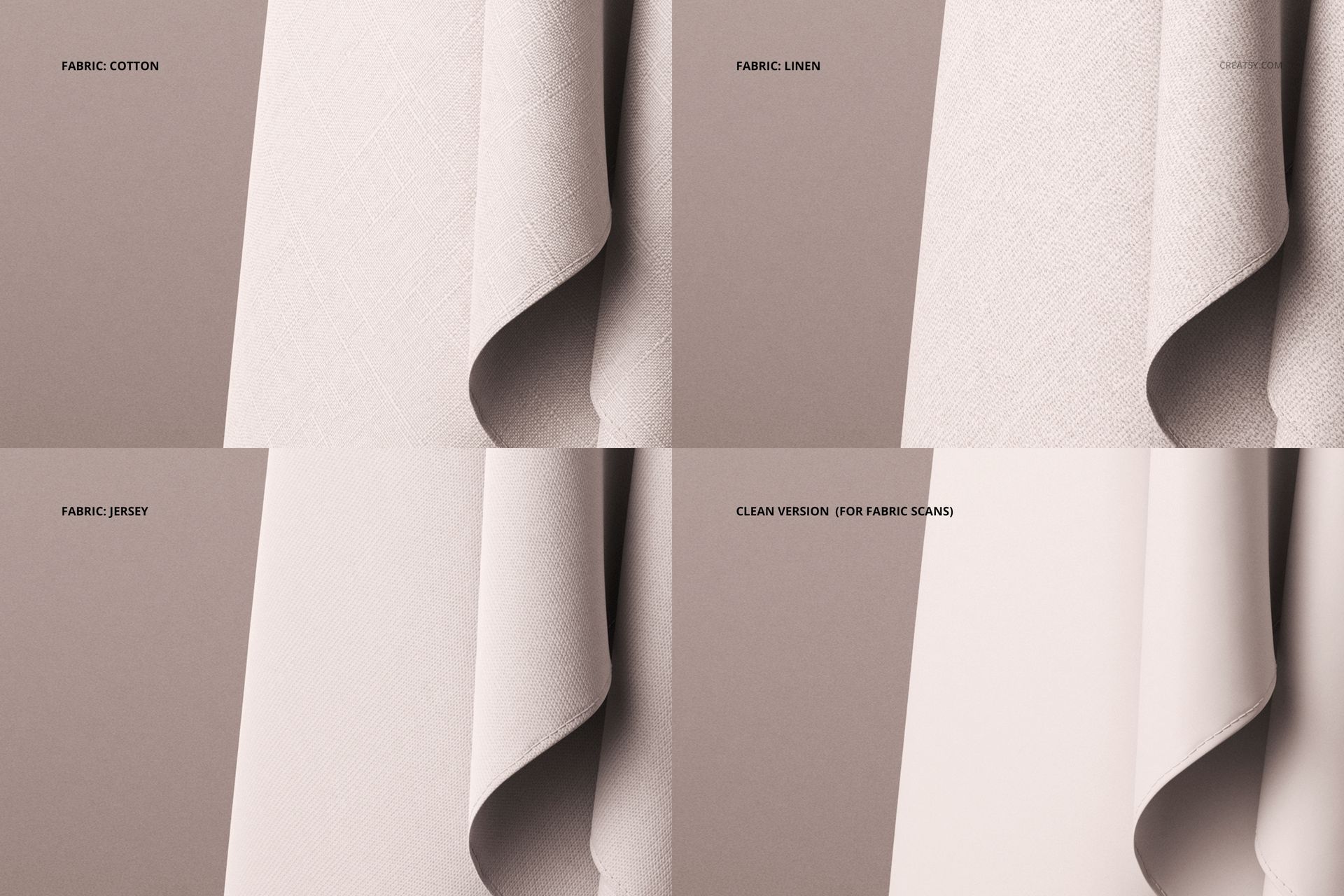 Front view of four fabric dress mockup samples in cotton, linen, jersey, and clean versions, draped on a neutral background.