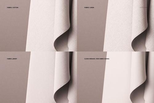 Front view of four fabric dress mockup samples in cotton, linen, jersey, and clean versions, draped on a neutral background.