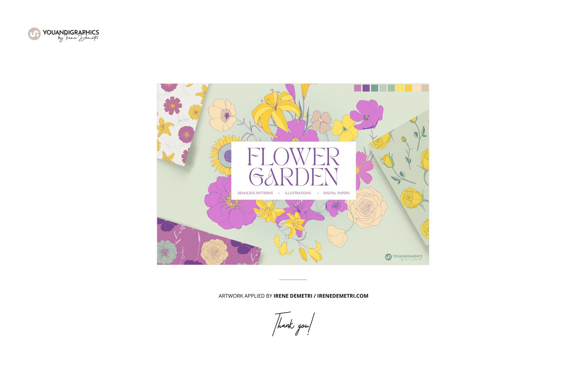 PSD mockup showing several folded fabrics with botanical designs in soft purple, yellow, and green shades.