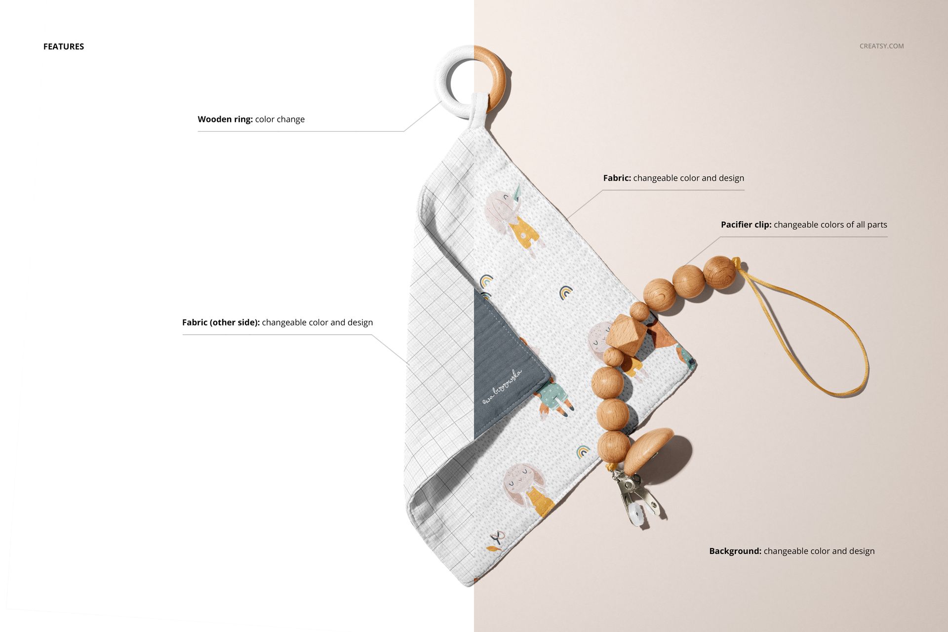 Muslin swaddle blanket with playful patterns and a wooden teether ring, shown in a split background mockup scene.