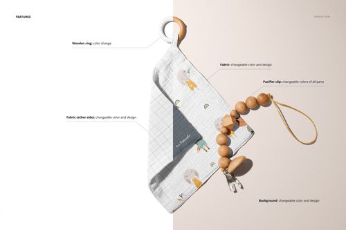 Muslin swaddle blanket with playful patterns and a wooden teether ring, shown in a split background mockup scene.