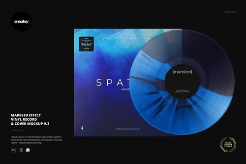 Blue and black marbled vinyl record displayed partially over a blue album cover, shown as a PSD mockup on a black surface.