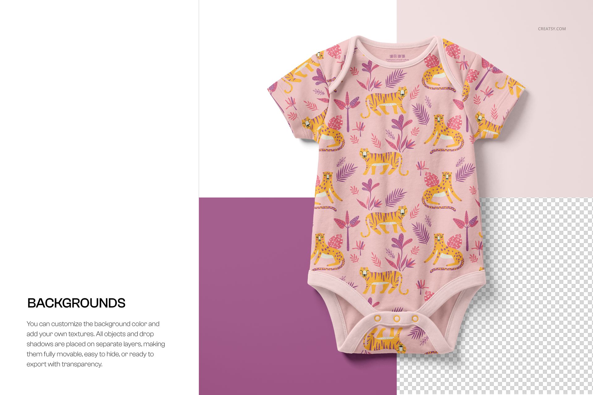 Front view of a pink short-sleeved baby bodysuit featuring yellow tigers and purple foliage in a mockup scene.