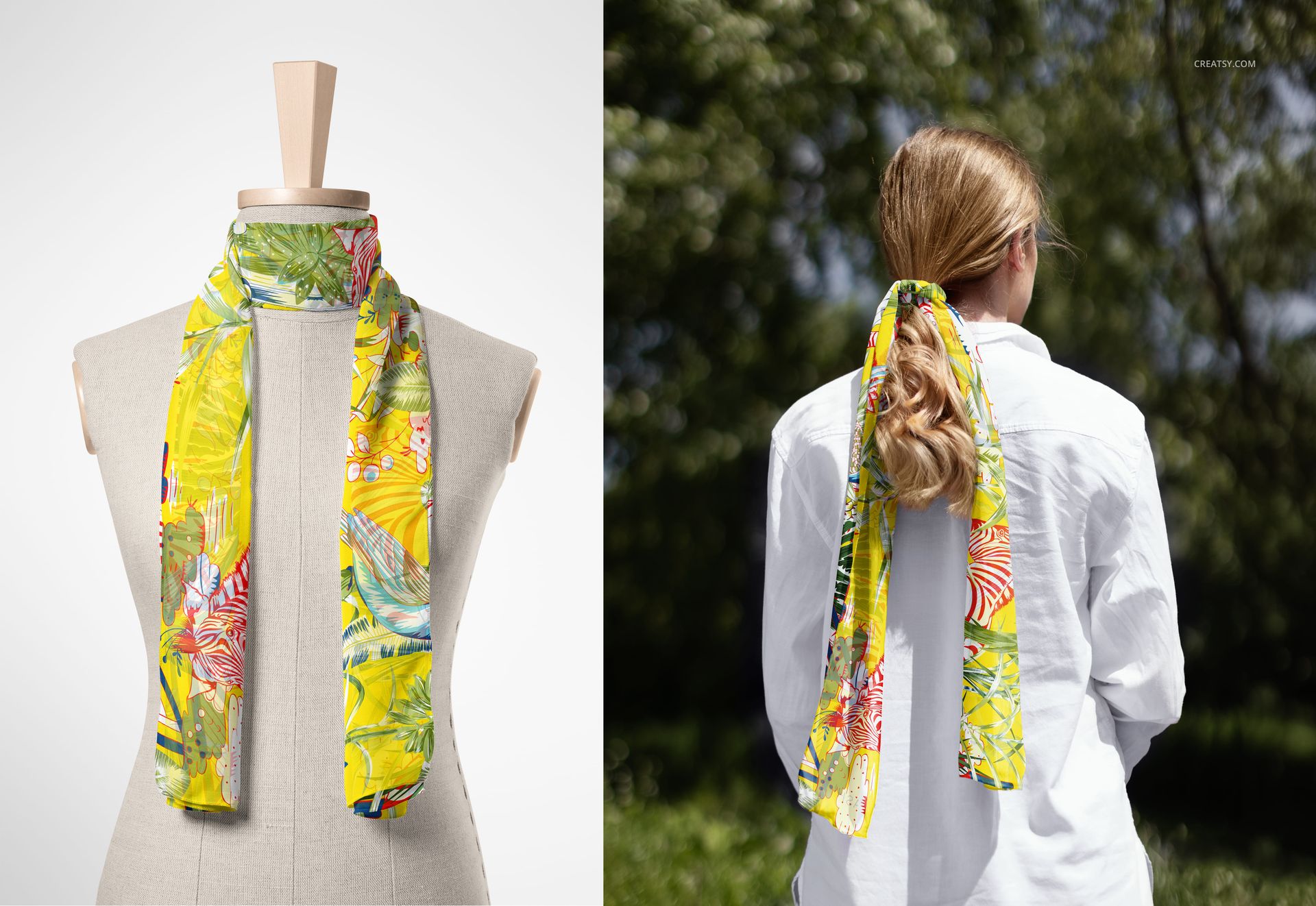 Fashion accessory mockup featuring a 25x140cm silk scarf with tropical motifs, presented on a mannequin and model.