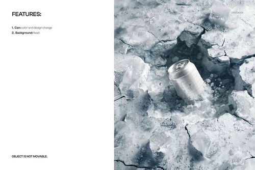 Soda can mockup resting upright in a crater of cracked ice, viewed from above with icy textures surrounding.