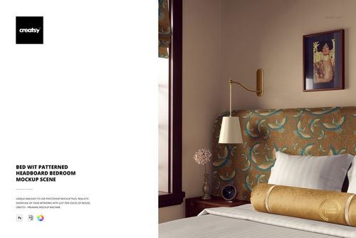 Bedroom mockup scene showing a bed with a floral-patterned headboard, white pillows, gold bolster, and nightstand decor.