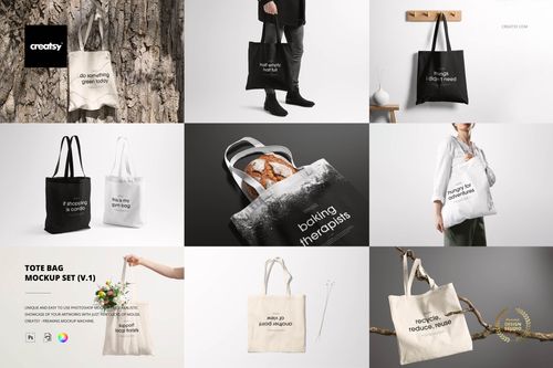 Grid of tote bag mockups in assorted environments, showing a mix of black and white bags with printed text and props.