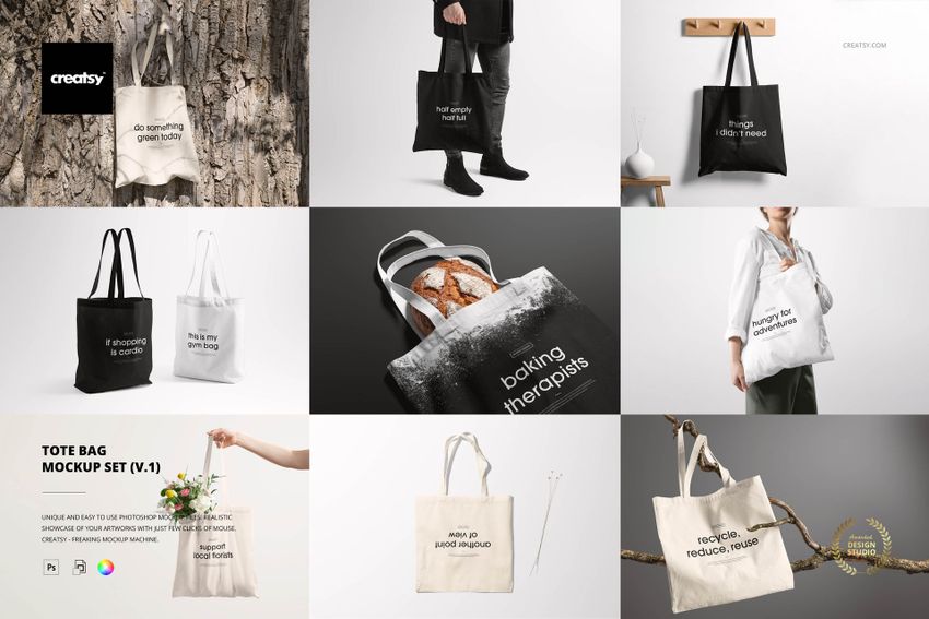 Grid of tote bag mockups in assorted environments, showing a mix of black and white bags with printed text and props.