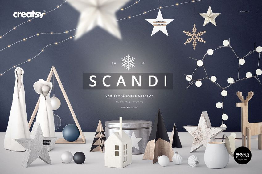 Front view of a SCANDI Christmas scene mockup featuring geometric trees, stars, and festive tabletop decor in neutral tones.