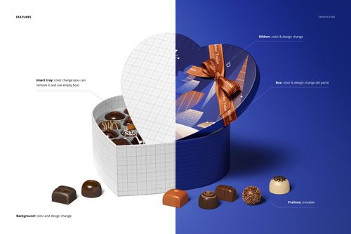 Heart-shaped chocolate box mockup shown split between grid design and blue pattern, with assorted pralines and ribbon.