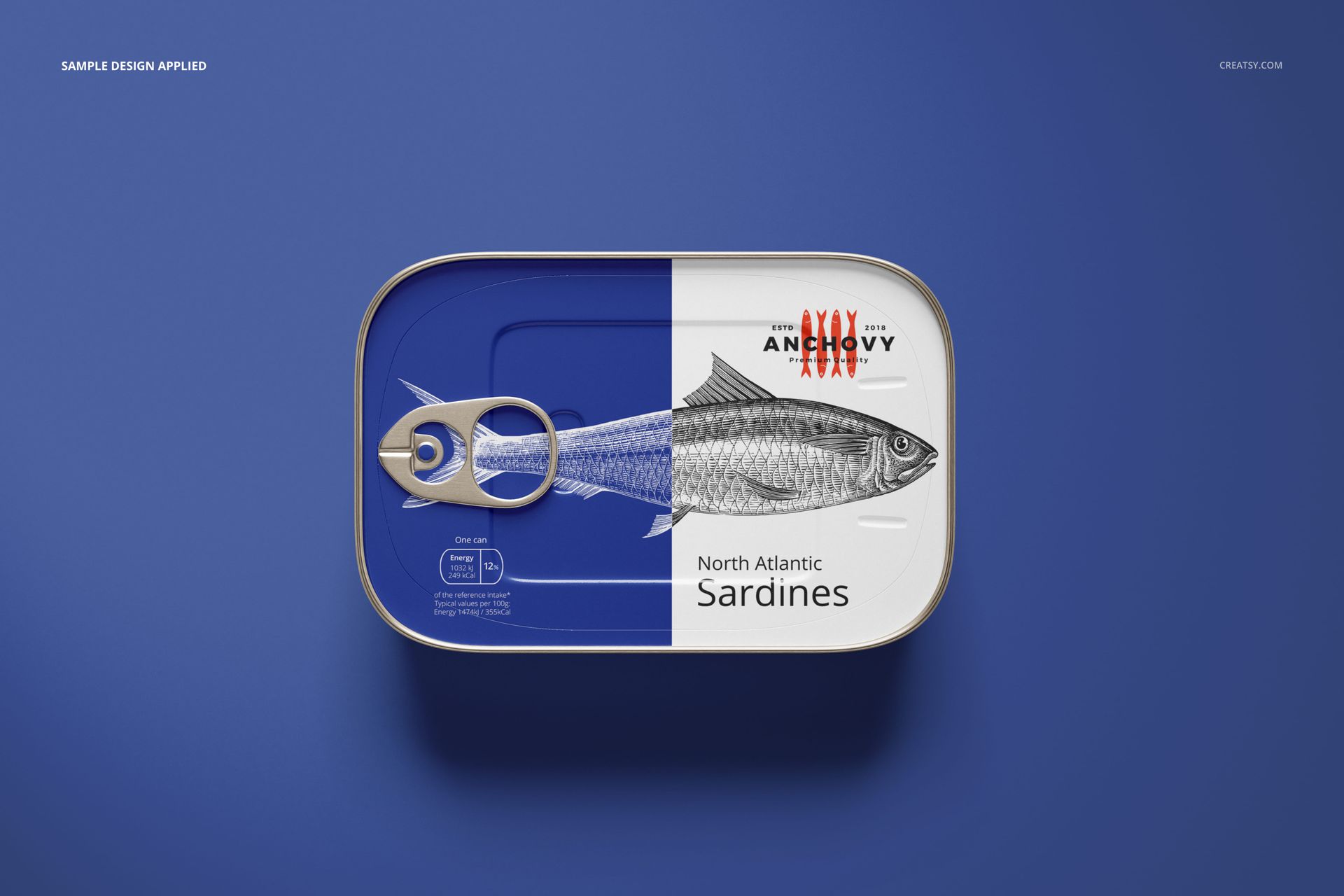 Rectangular sardine fish tin can mockup with blue and white label, fish illustration, and pull tab, top view on blue background.