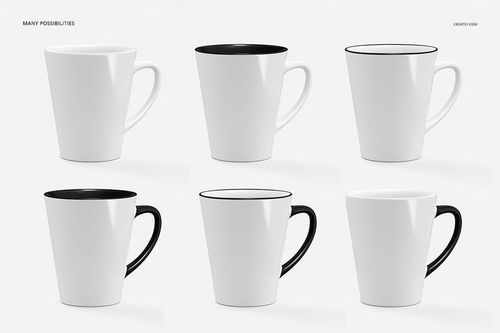 PSD mockup of cone-shaped mugs arranged in a grid, each mug in white with some featuring black rims or handles.