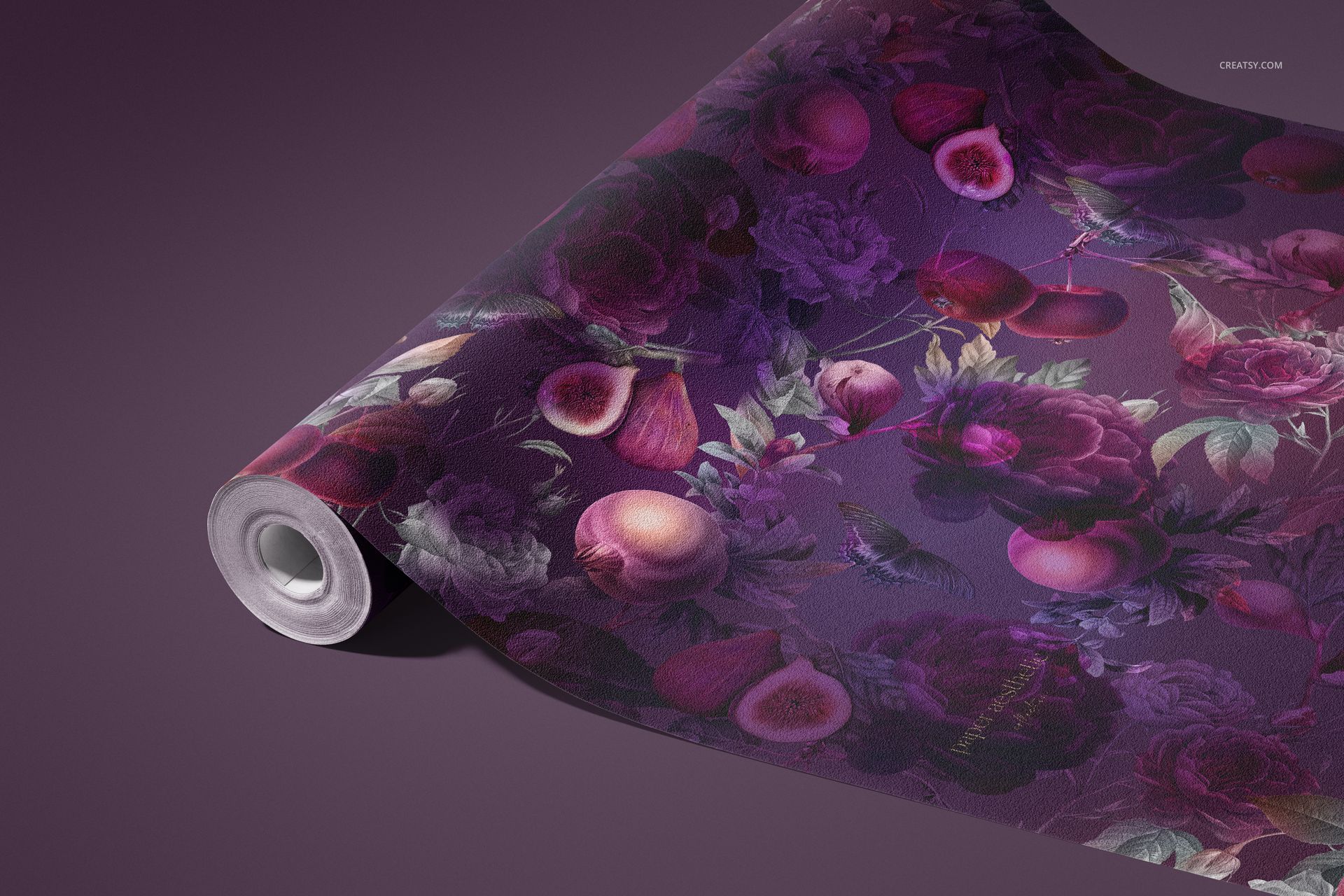 Non-woven vinyl wallpaper mockup featuring a detailed botanical and fig design in rich purple hues, close-up perspective.