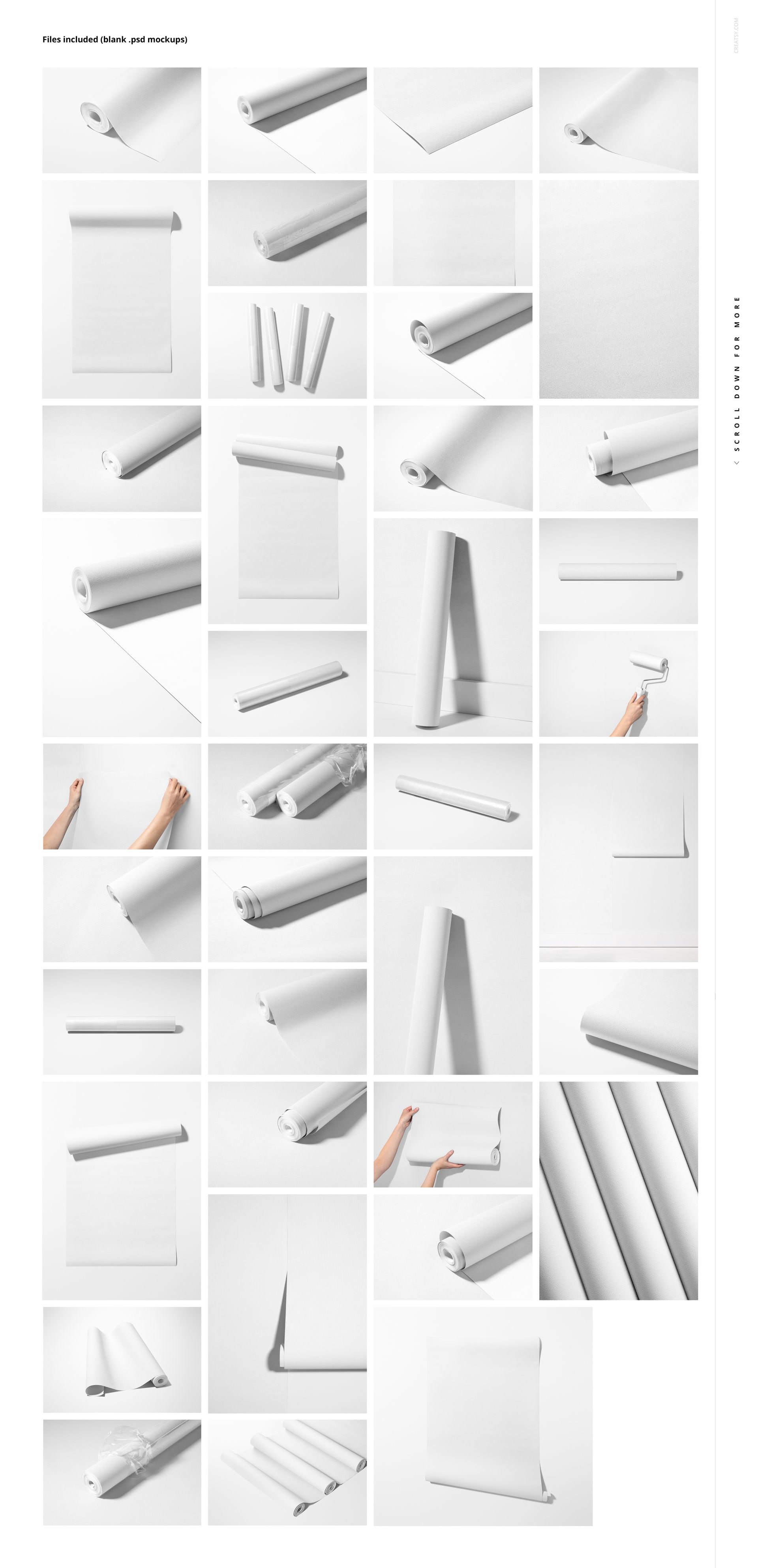 Non-woven vinyl wallpaper mockup bundle showing various rolled and unrolled sheets in a minimalist setting.