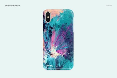 Back view of an iPhone X plastic case mockup featuring bold brushstroke patterns in blue, teal, pink, and cream tones.