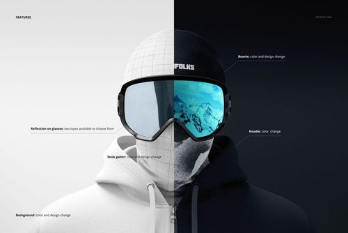 Split scene showing two neck gaiter mockups, each worn by a figure with ski goggles and a hoodie, white and dark sides.