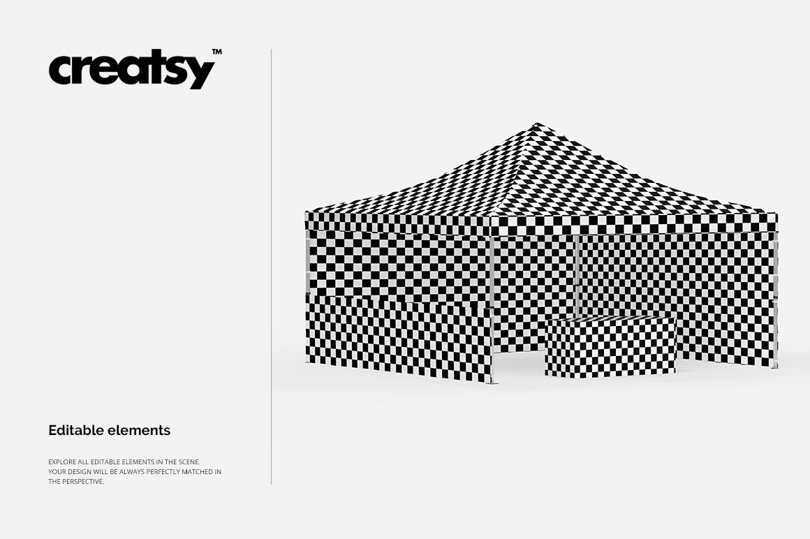 PSD mockup of a 17x17 pop up tent featuring a geometric checkerboard pattern, viewed from the front side.