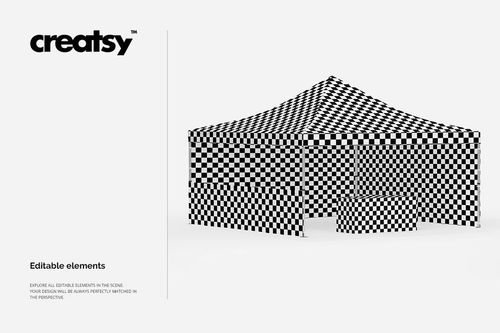 PSD mockup of a 17x17 pop up tent featuring a geometric checkerboard pattern, viewed from the front side.