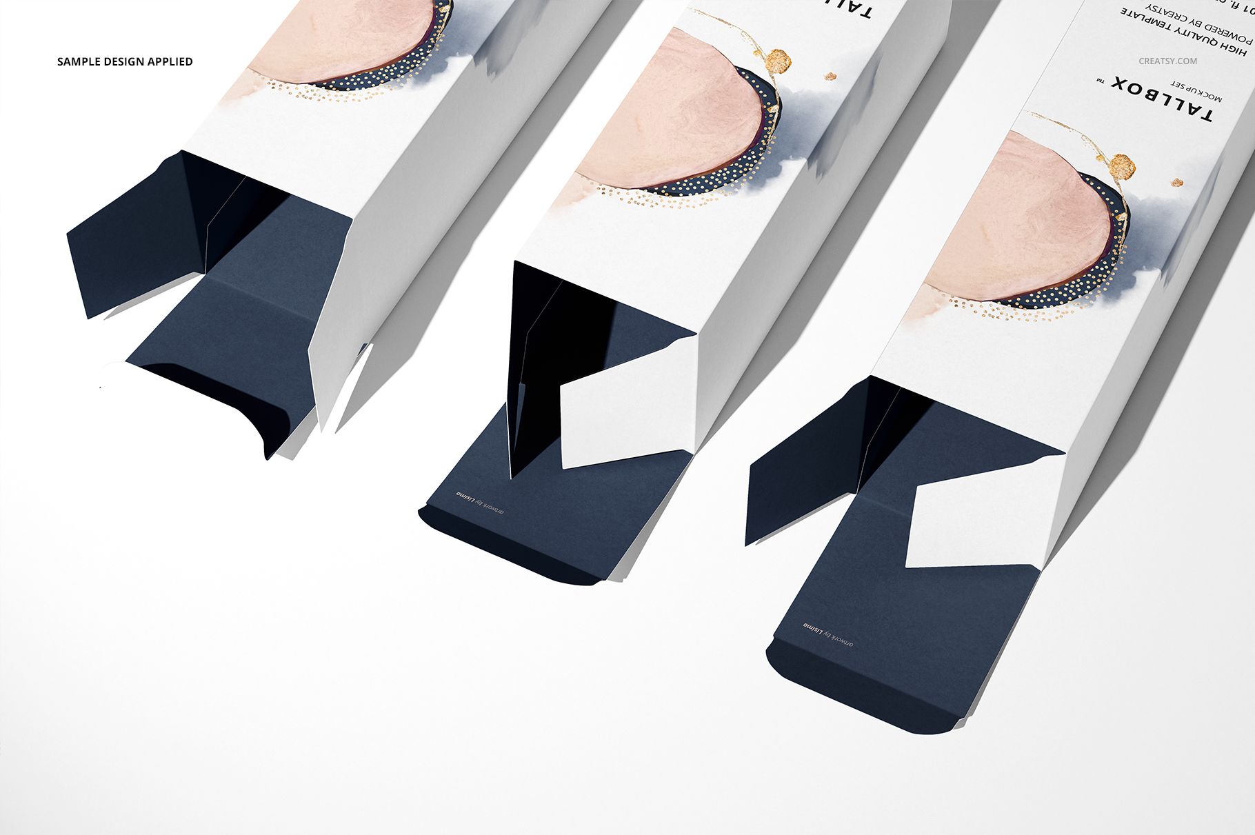 Set of three tall box mockups with open tops, featuring white surfaces and minimal abstract artwork, angled perspective.