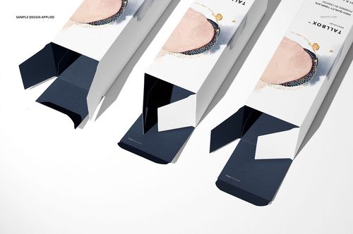 Set of three tall box mockups with open tops, featuring white surfaces and minimal abstract artwork, angled perspective.