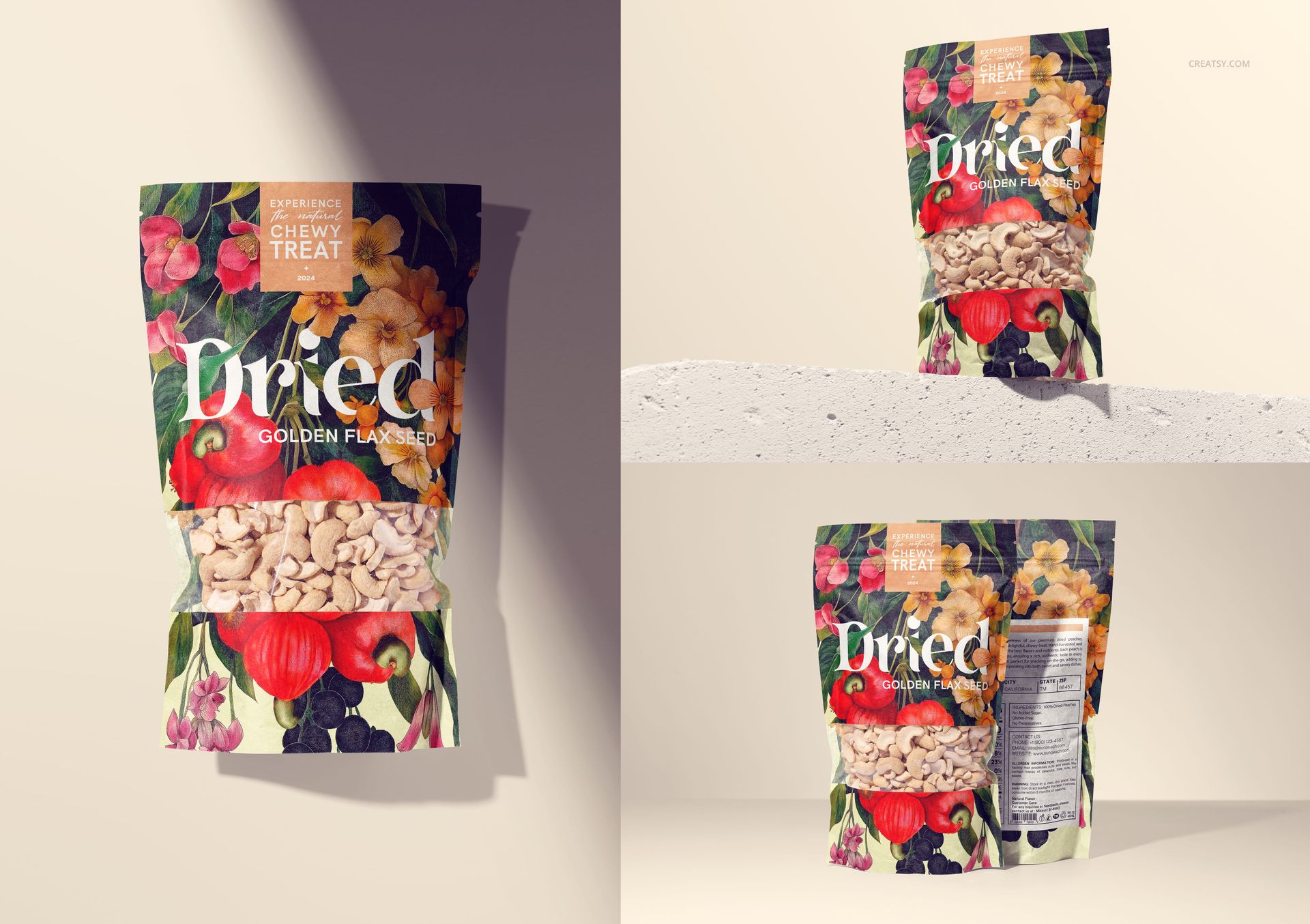 Paper pouch mockup featuring cashews, vibrant flower illustrations, and clear front and back perspectives on a beige surface.