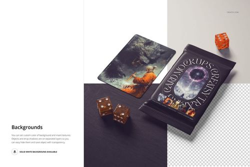 Trading cards and a sealed card pack displayed on a table with orange dice, shown in a realistic mockup scene.