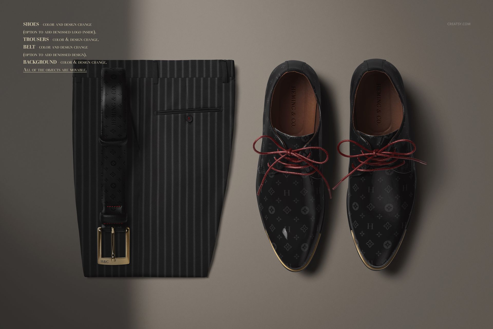 Men's fashion PSD mockup featuring tailored pinstripe pants, a black belt, and black leather shoes with red laces.